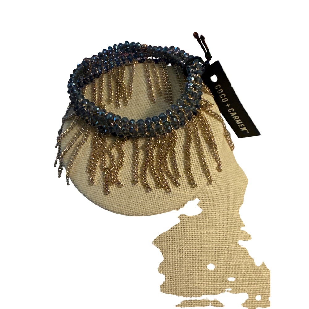 Lot (2) Coco + Carmen Blue Beaded Stretch Bracelet Gold Tone Fringe Chain charm